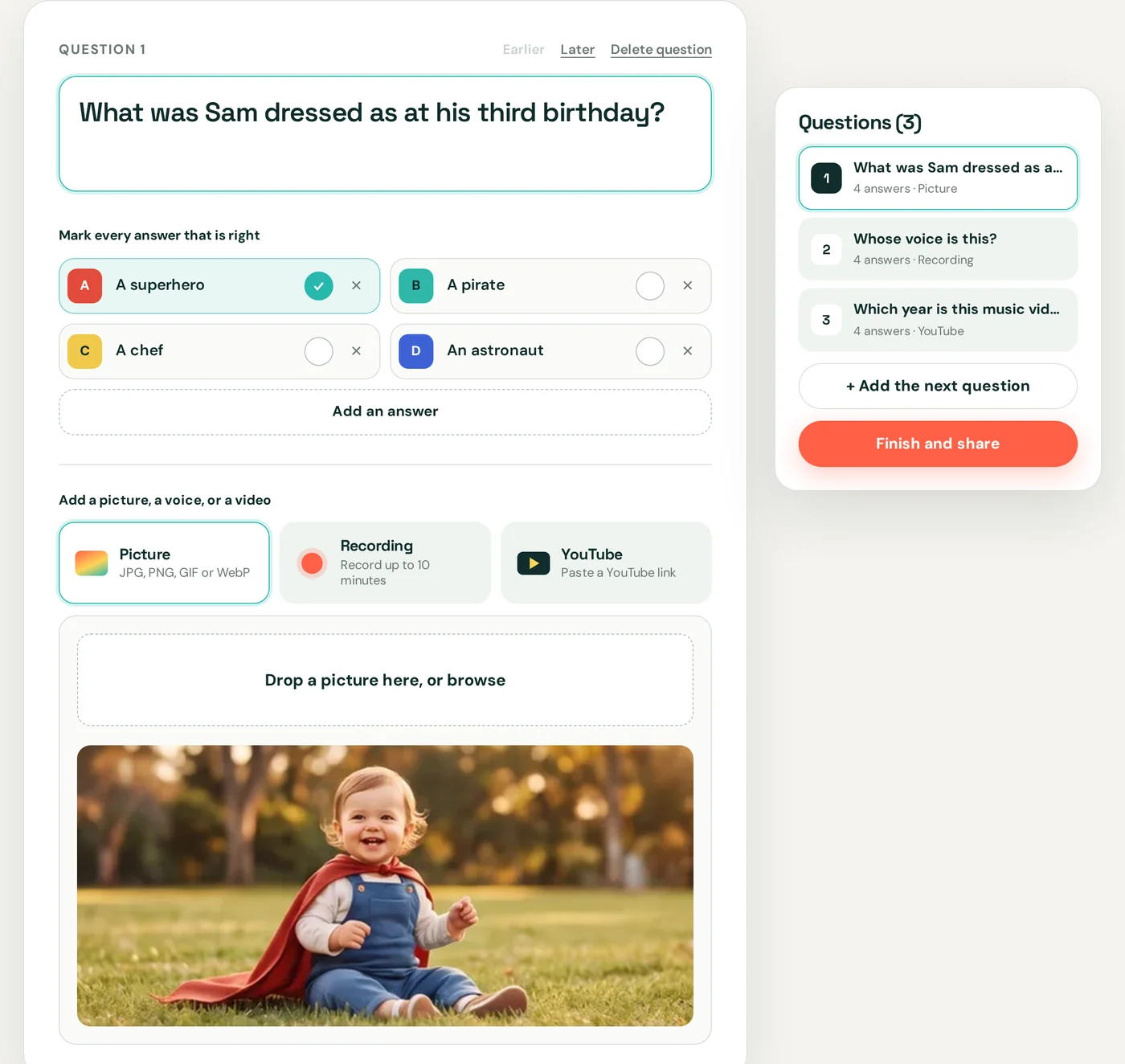 The quiz builder: a question about a toddler's costume, four coloured answers with the right one ticked, and a photo attached