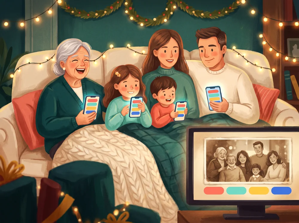 Three generations on a sofa playing a quiz on their phones