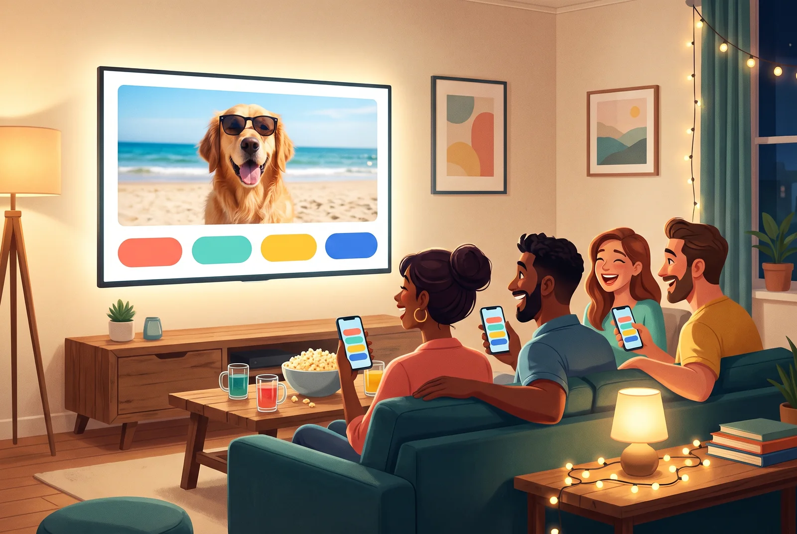 Friends on a sofa laughing at a picture question on the television, each holding a phone with four coloured answer buttons