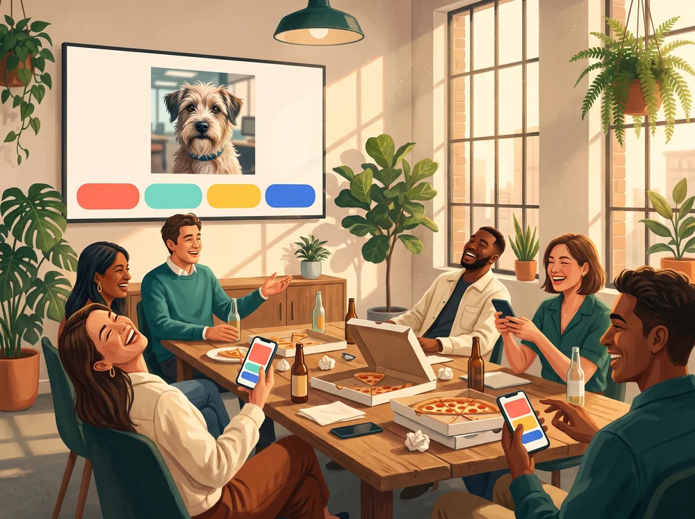 Colleagues around a meeting table playing a quiz about the office dog