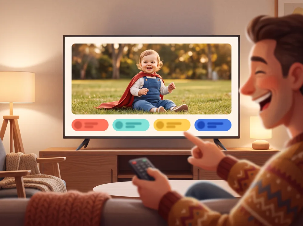 A television showing a photo of a toddler in a superhero cape, with four coloured answers underneath