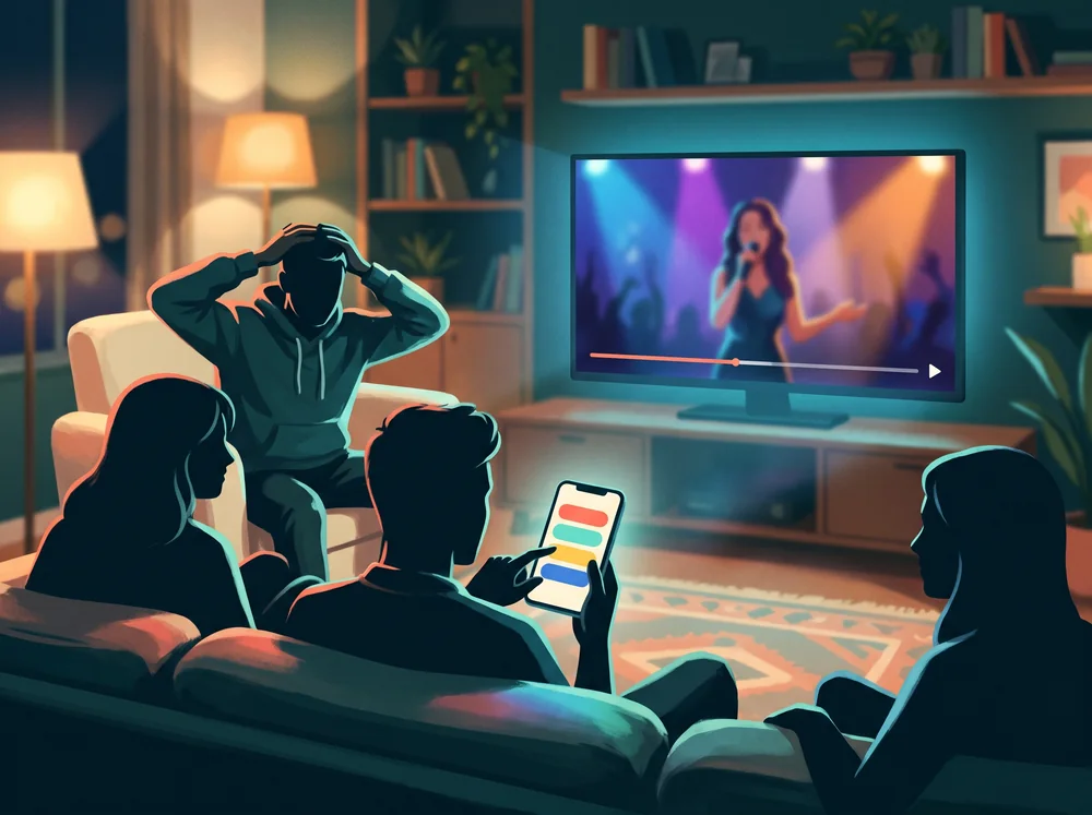 Friends on a sofa trying to name the music video playing on the television