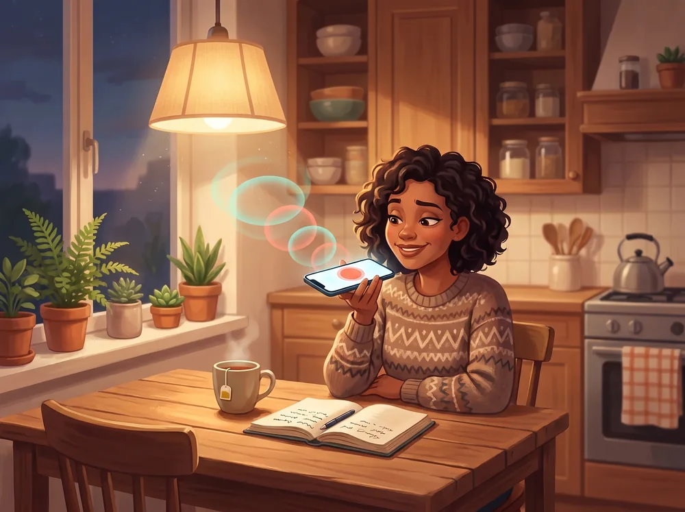 A woman recording a playful voice clue on her phone at the kitchen table
