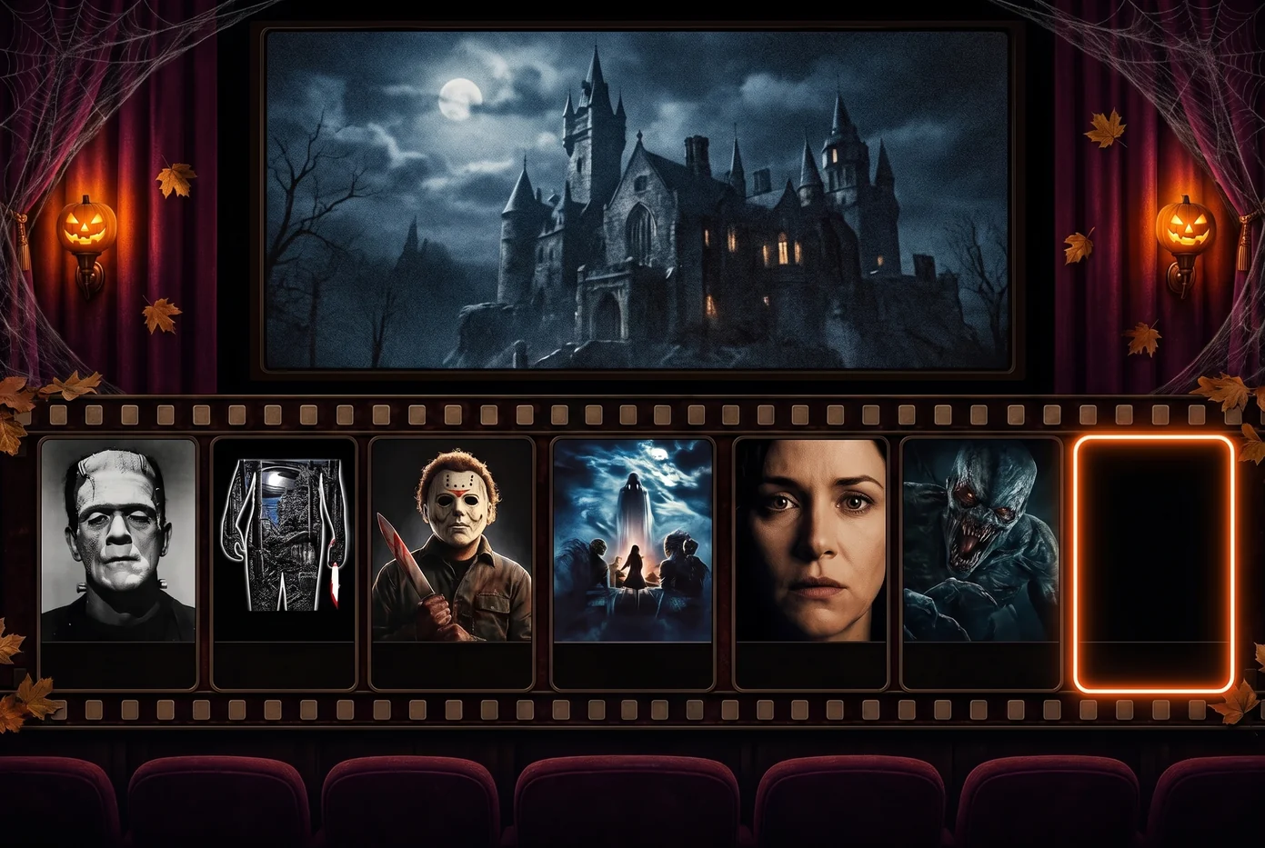 Dentro de un cine de Halloween: un tráiler entre telones y calabazas, y una tira de fotogramas de terror