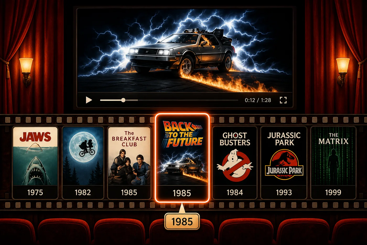 Inside an old cinema: a trailer plays on the screen while a filmstrip of movie posters with their years runs below it, one glowing in its place on the timeline