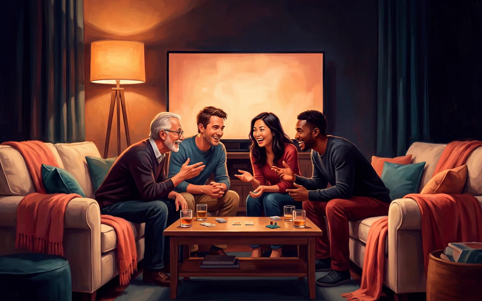 Friends on a sofa looking at each other while a question hangs in the air
