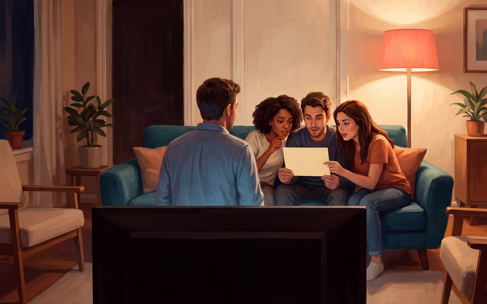 Friends on a sofa hiding a card from the person facing the television