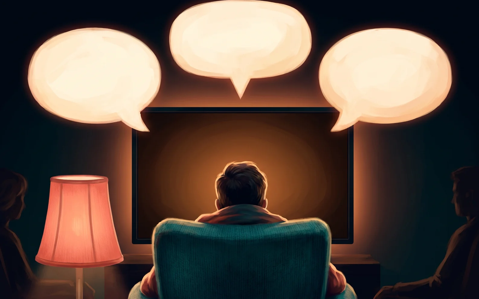 Alguien en un sillón verde azulado frente a una tele encendida, tres bocadillos vacíos encima