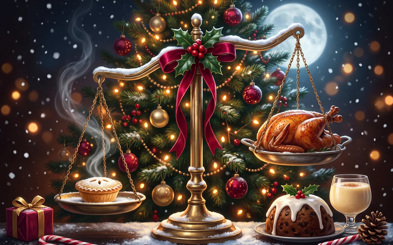 A brass balance scale under a Christmas tree and falling snow, a roast turkey on the high pan and a mince pie weighing the other down