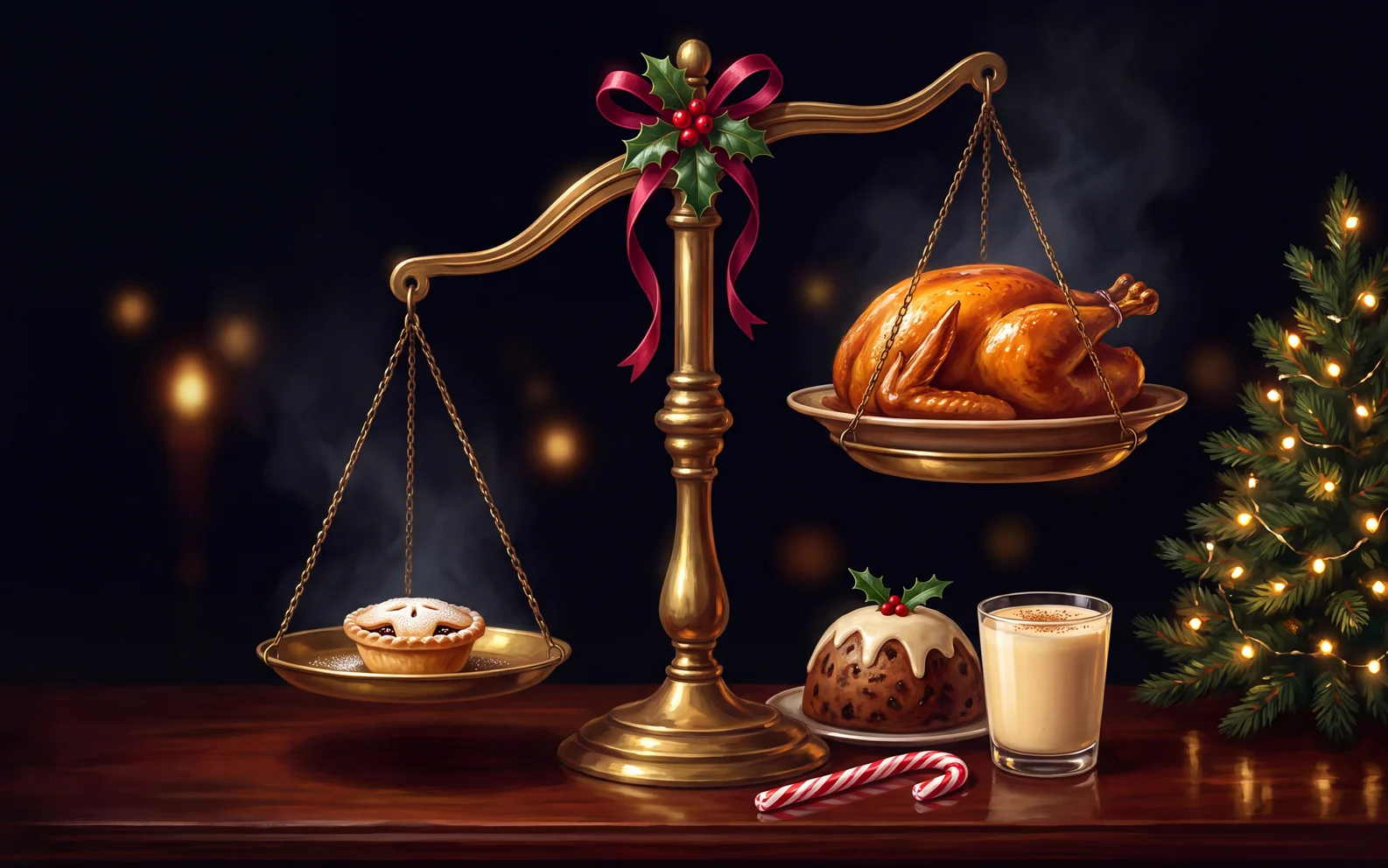 A brass balance scale dressed with holly, a roast turkey on one pan and a single mince pie weighing the other down