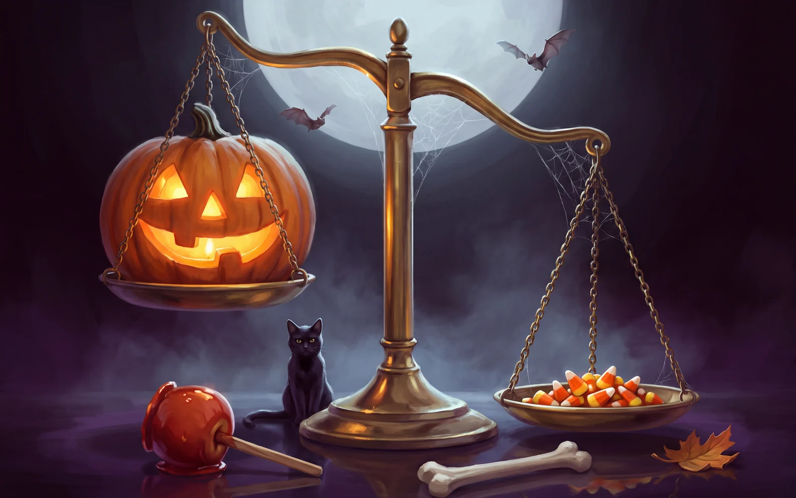 A brass balance scale under a full moon, a lit jack-o'-lantern on one pan and a handful of candy corn weighing the other down