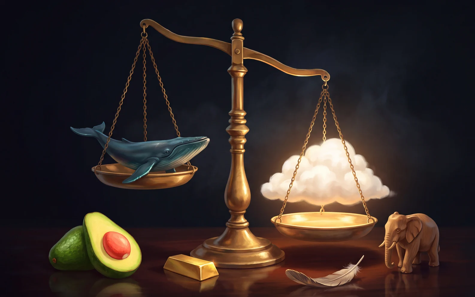 A brass balance scale with a blue whale on the high pan and a glowing cloud pressing the other one down