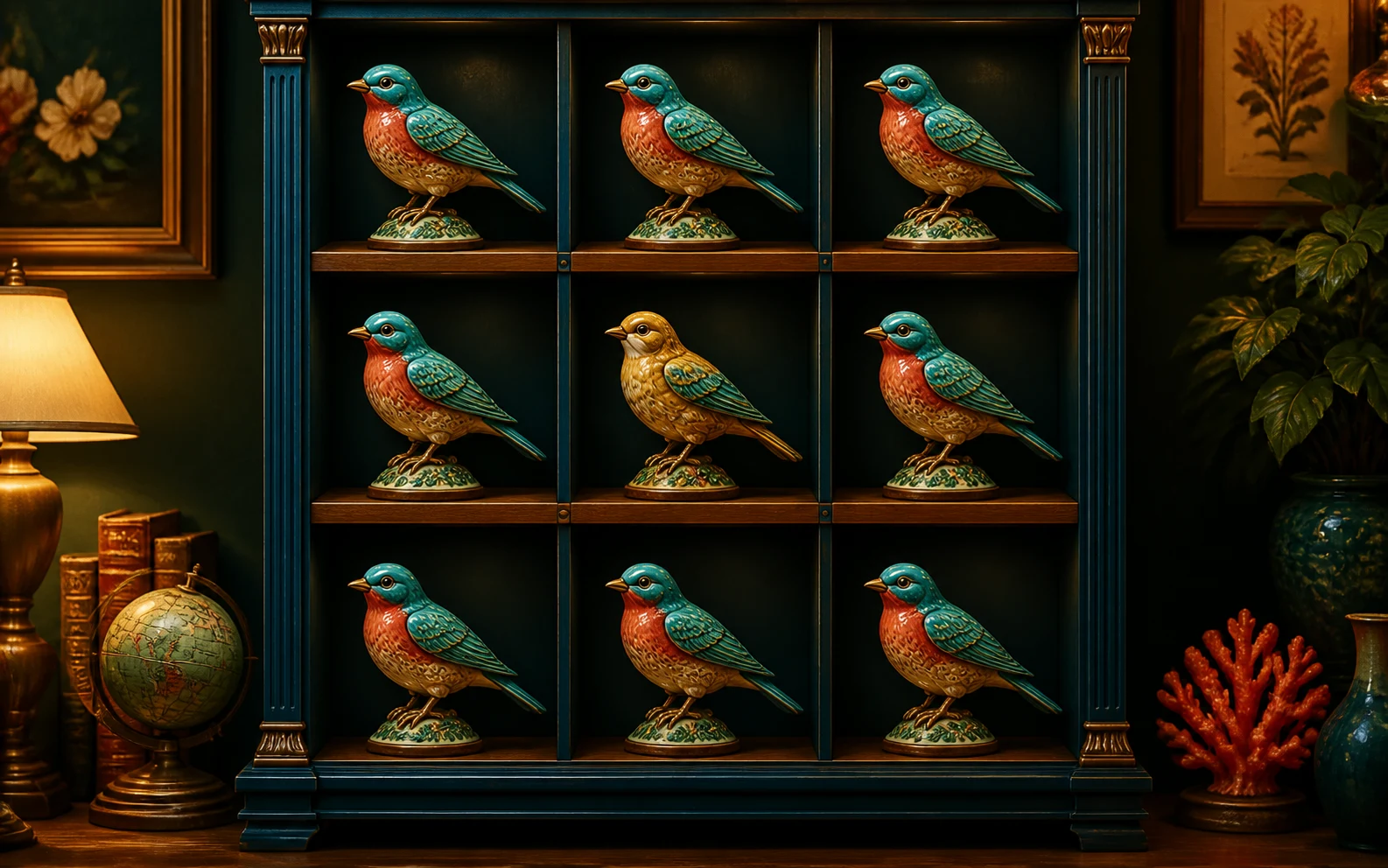 A cabinet of ceramic birds with one different bird