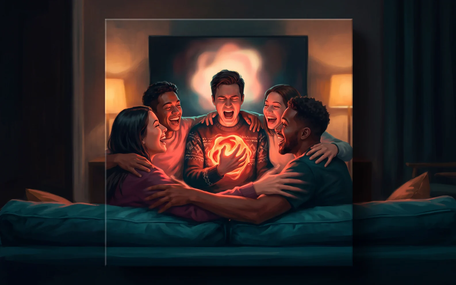 Friends on a sofa, one of them caught in a hot glow