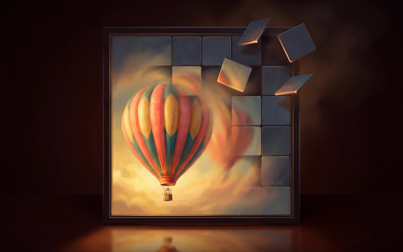 A picture of a hot air balloon half uncovered, with dark tiles lifting away from one corner