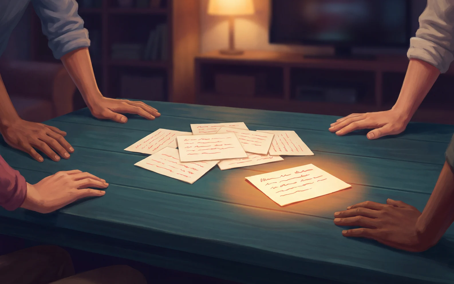 Handwritten cards on a living-room table, one catching the light