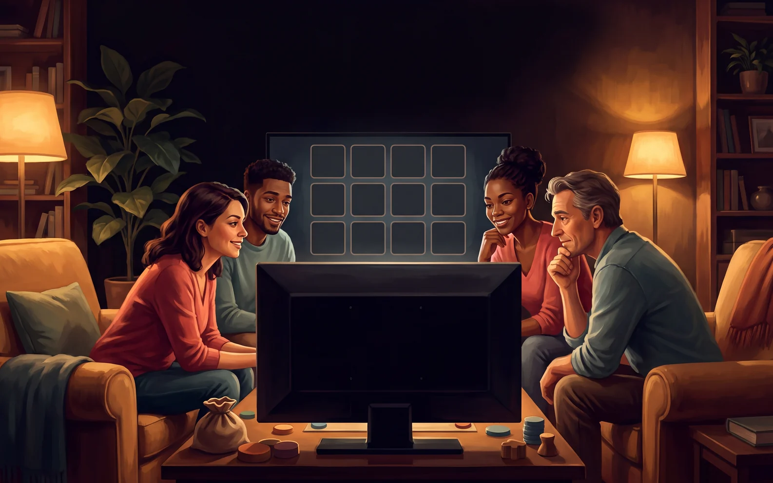 Friends around a television grid, one of them watching the others