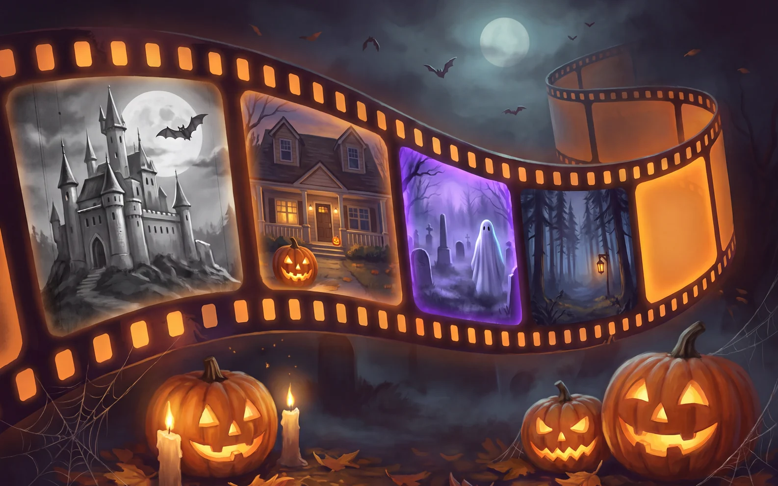 Halloween film eras along a strip of film, with candlelit pumpkins and one empty frame