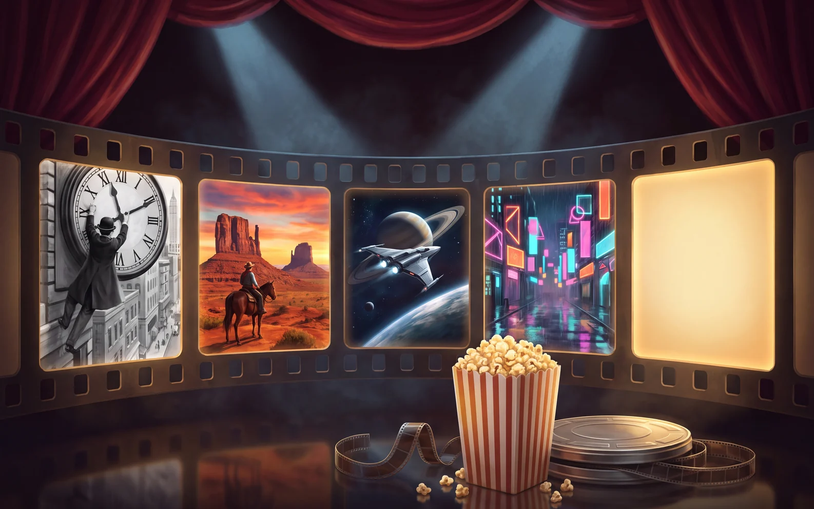Four eras of cinema lit up along a strip of film under theatre curtains, with popcorn and one empty frame waiting