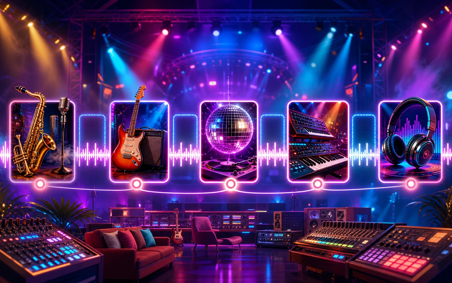 Musical eras arranged along a neon soundwave