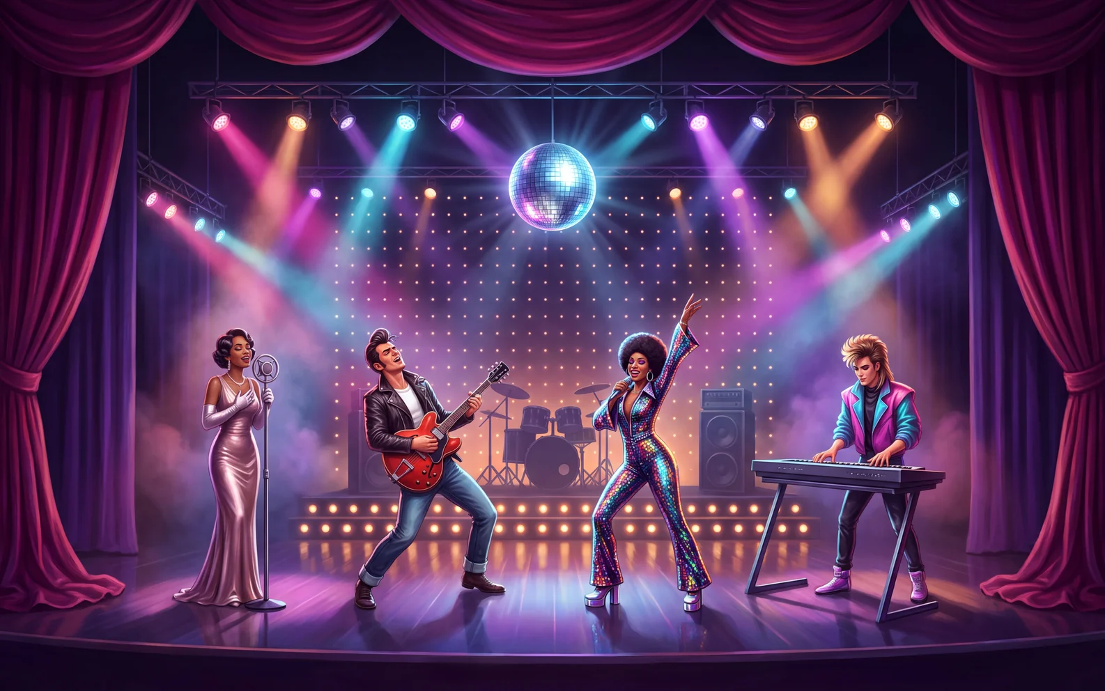 Singers from four eras of music together on a concert hall stage under coloured lights