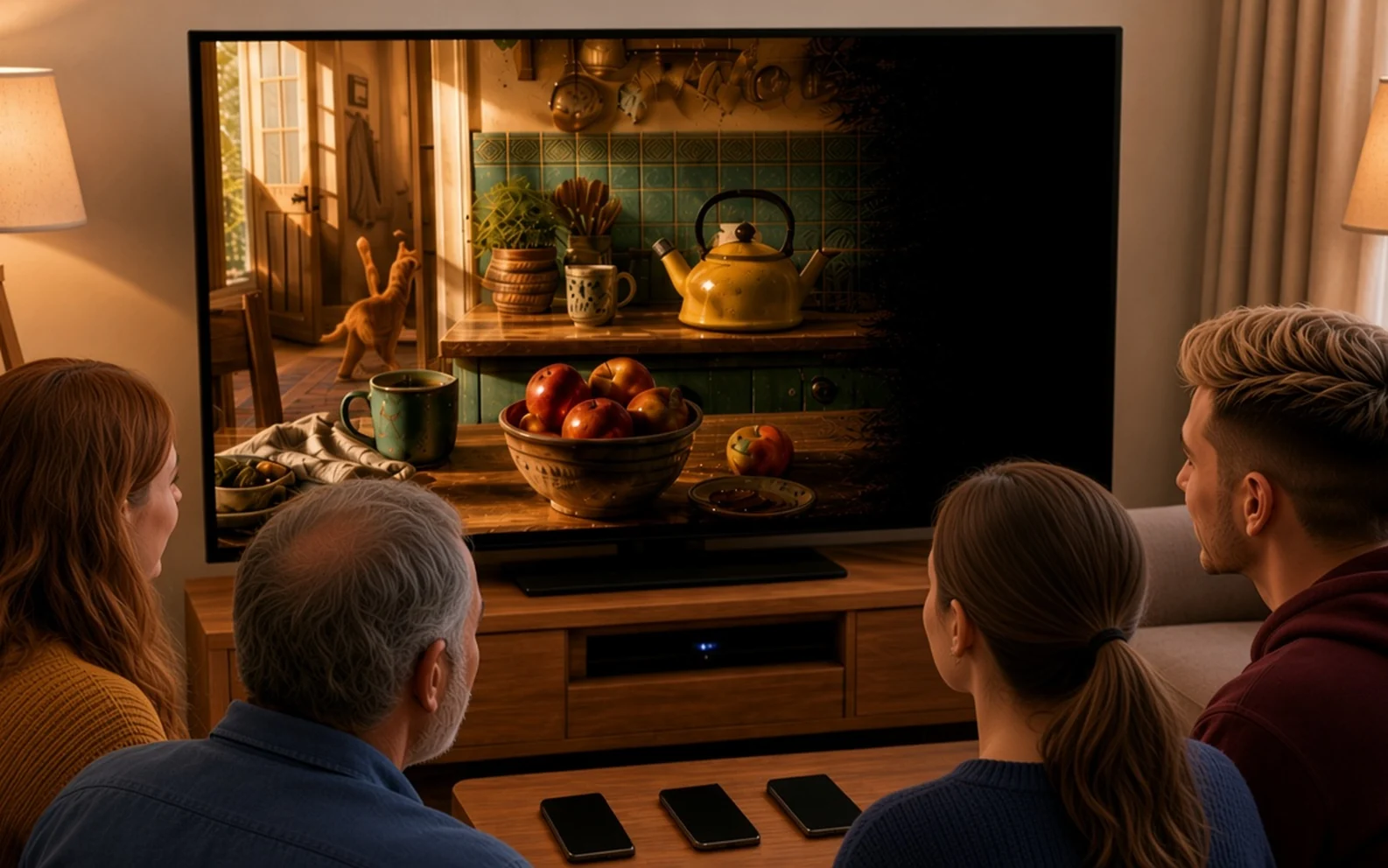 Friends on a sofa watching a kitchen photograph on the television wipe to black, phones lying face-down