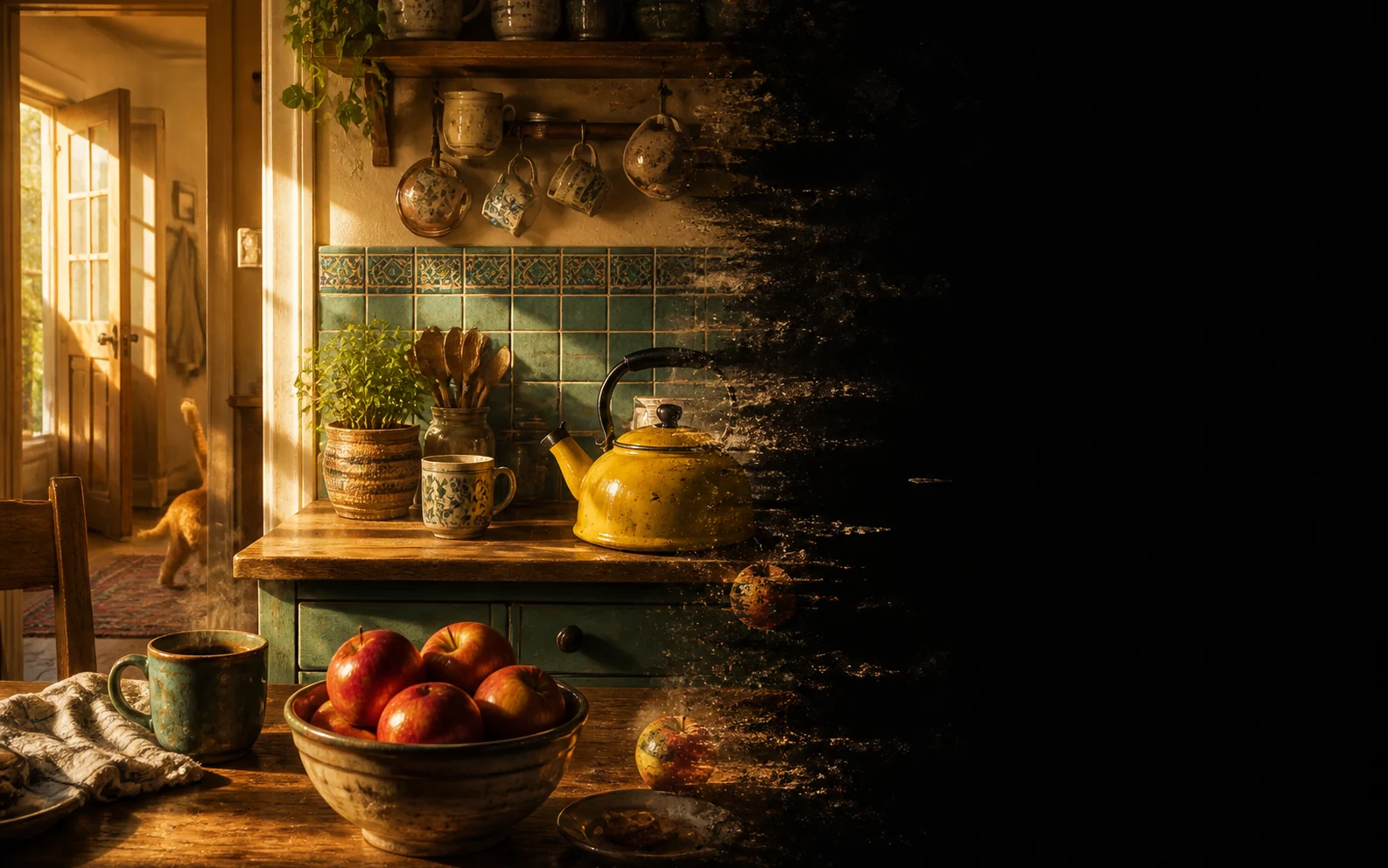 Una foto detallada de una cocina que se va a negro por la derecha: tetera amarilla, manzanas rojas, la cola de un gato en un umbral