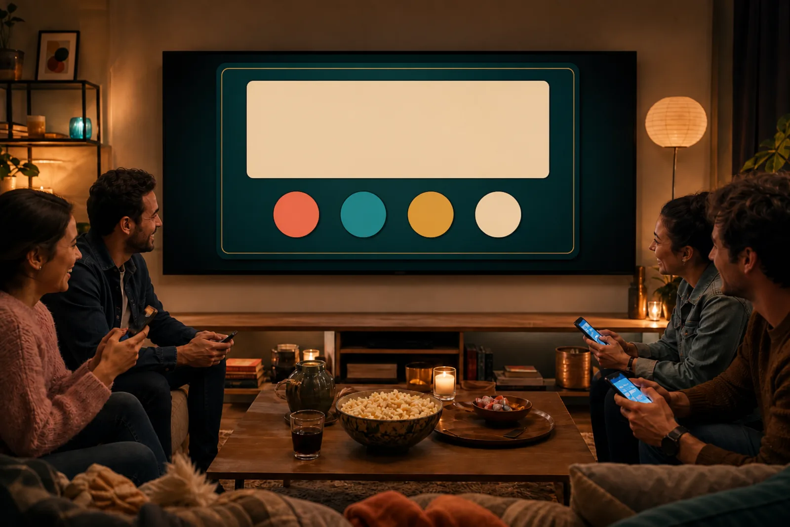 Amigos jugando a Call the Room en una televisión que todos ven, cada uno con un móvil