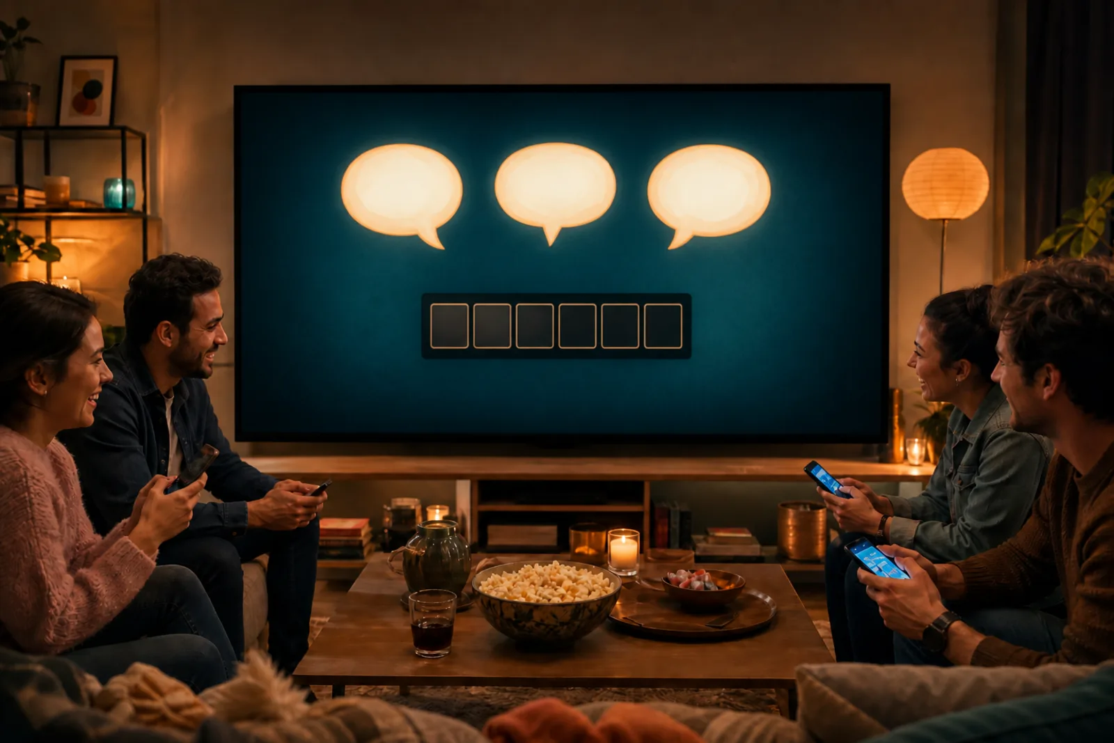 Amigos jugando a In Other Words en una televisión que todos ven, cada uno con un móvil