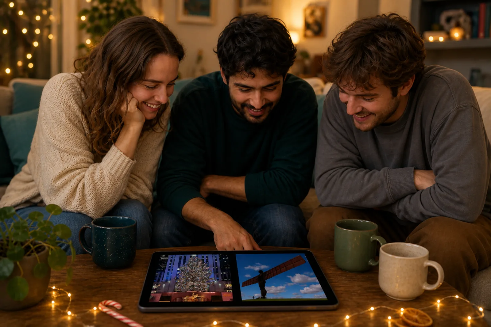 Amigos alrededor de una tableta jugando a More or Less: Navidad
