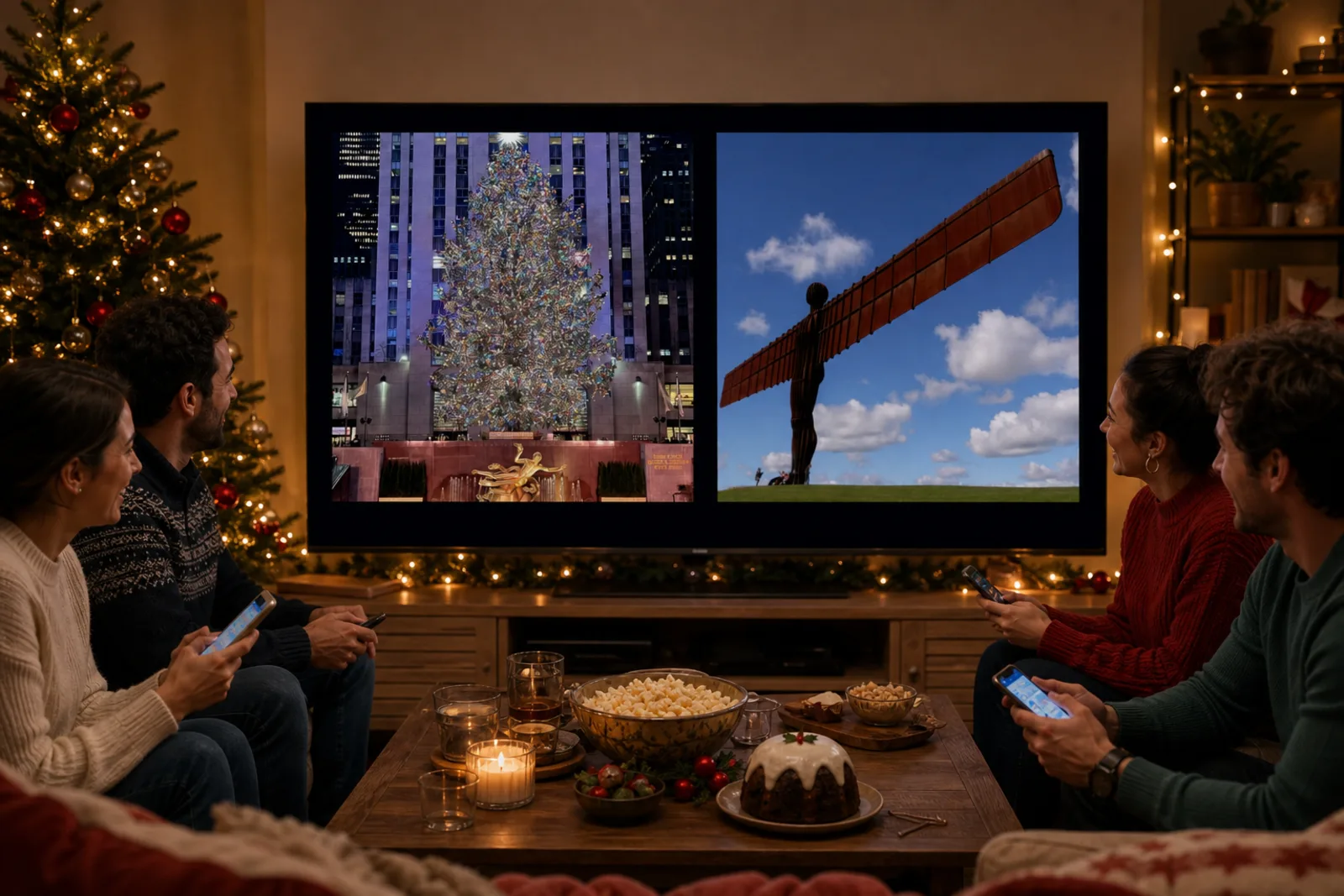 Amigos jugando a More or Less: Navidad en una televisión que todos ven, cada uno con un móvil
