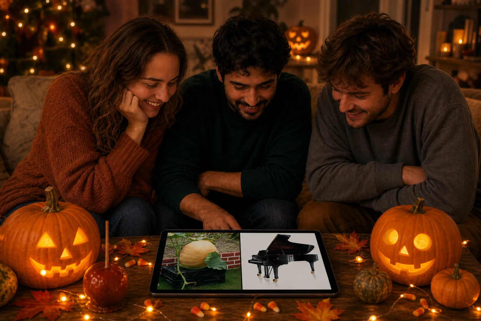 Amigos alrededor de una tableta jugando a More or Less: Halloween