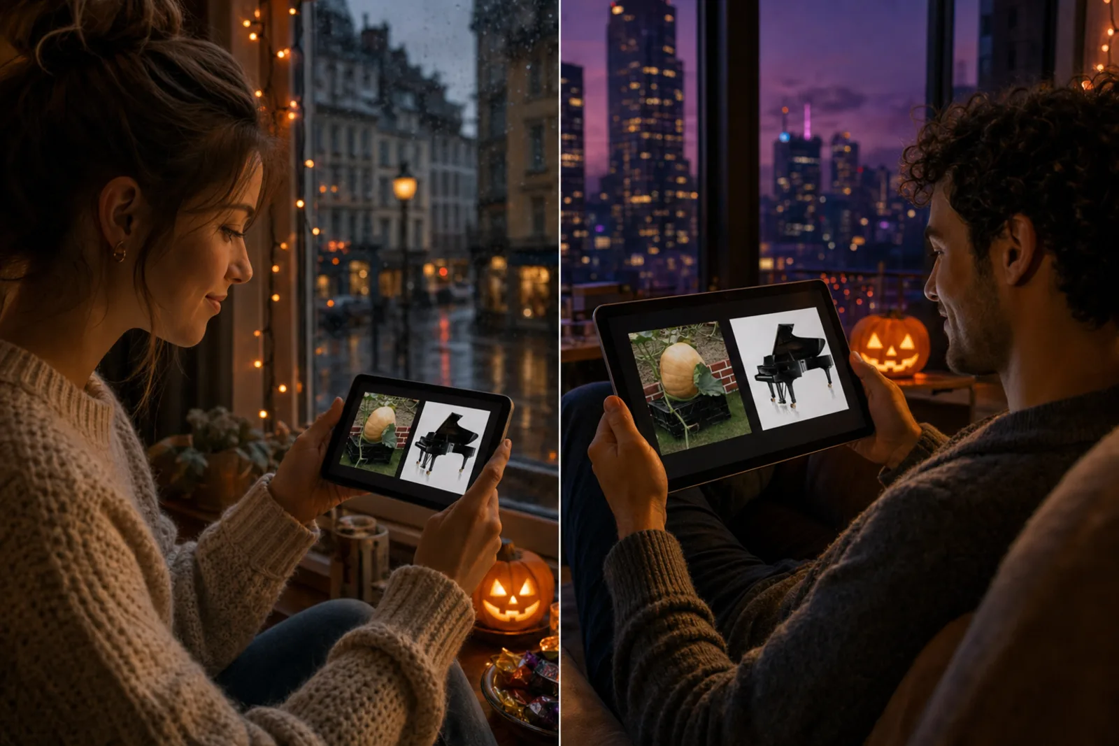 Gente en distintas ciudades jugando a More or Less: Halloween con desconocidos, cada uno en su pantalla