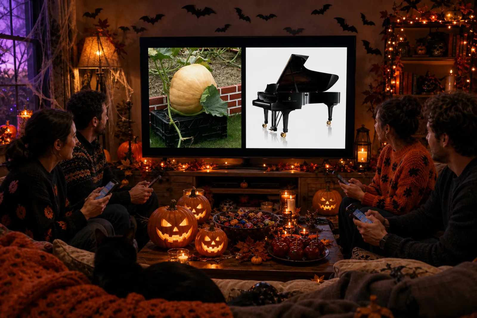 Amigos jugando a More or Less: Halloween en una televisión que todos ven, cada uno con un móvil