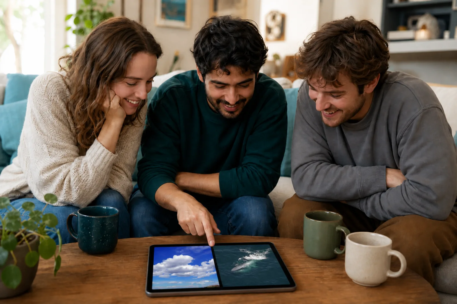 Amigos alrededor de una tableta jugando a More or Less: De todo un poco