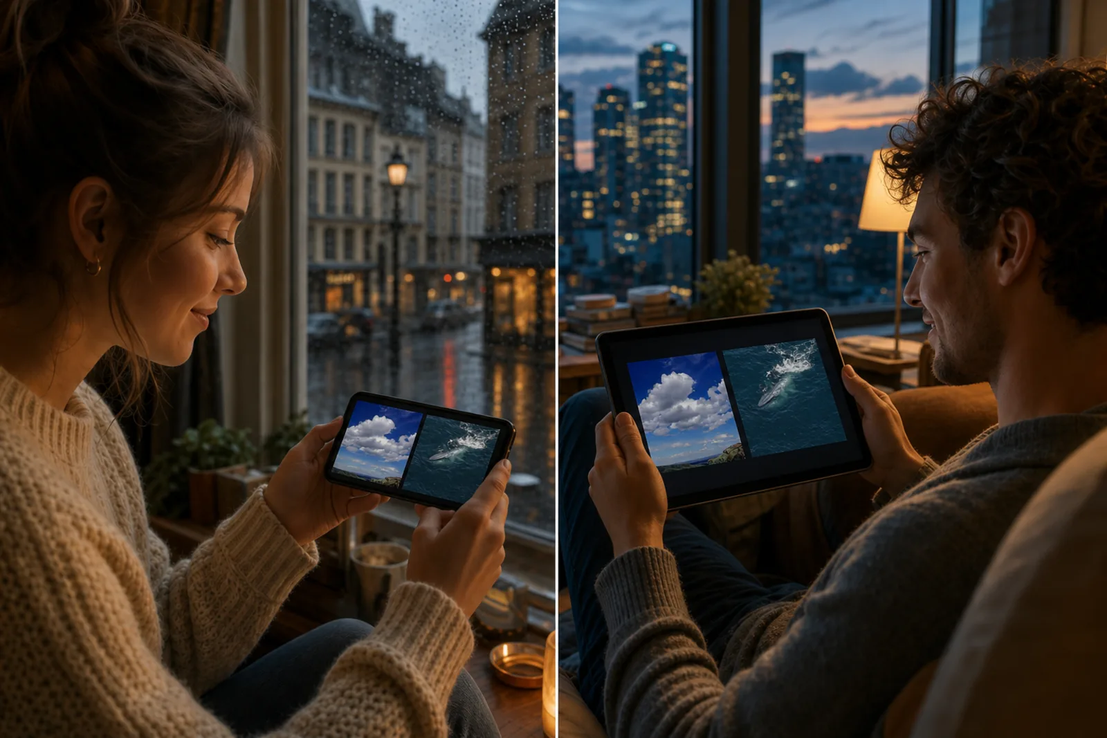 Gente en distintas ciudades jugando a More or Less: De todo un poco con desconocidos, cada uno en su pantalla