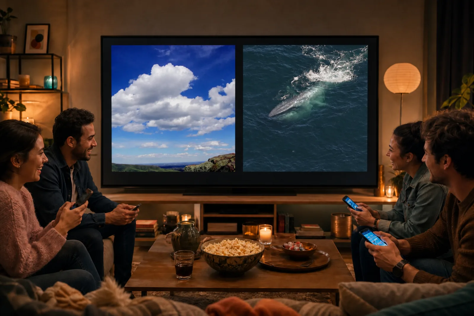 Amigos jugando a More or Less: De todo un poco en una televisión que todos ven, cada uno con un móvil
