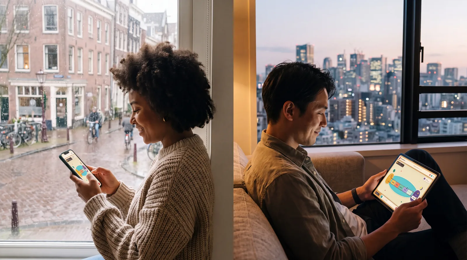 Two friends in Amsterdam and Tokyo playing Word Bridge live online