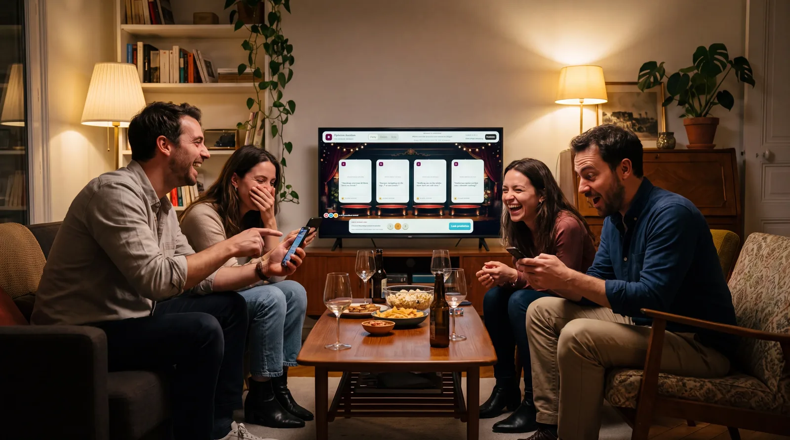 Four friends playing Opinion Auction together on a television and their phones
