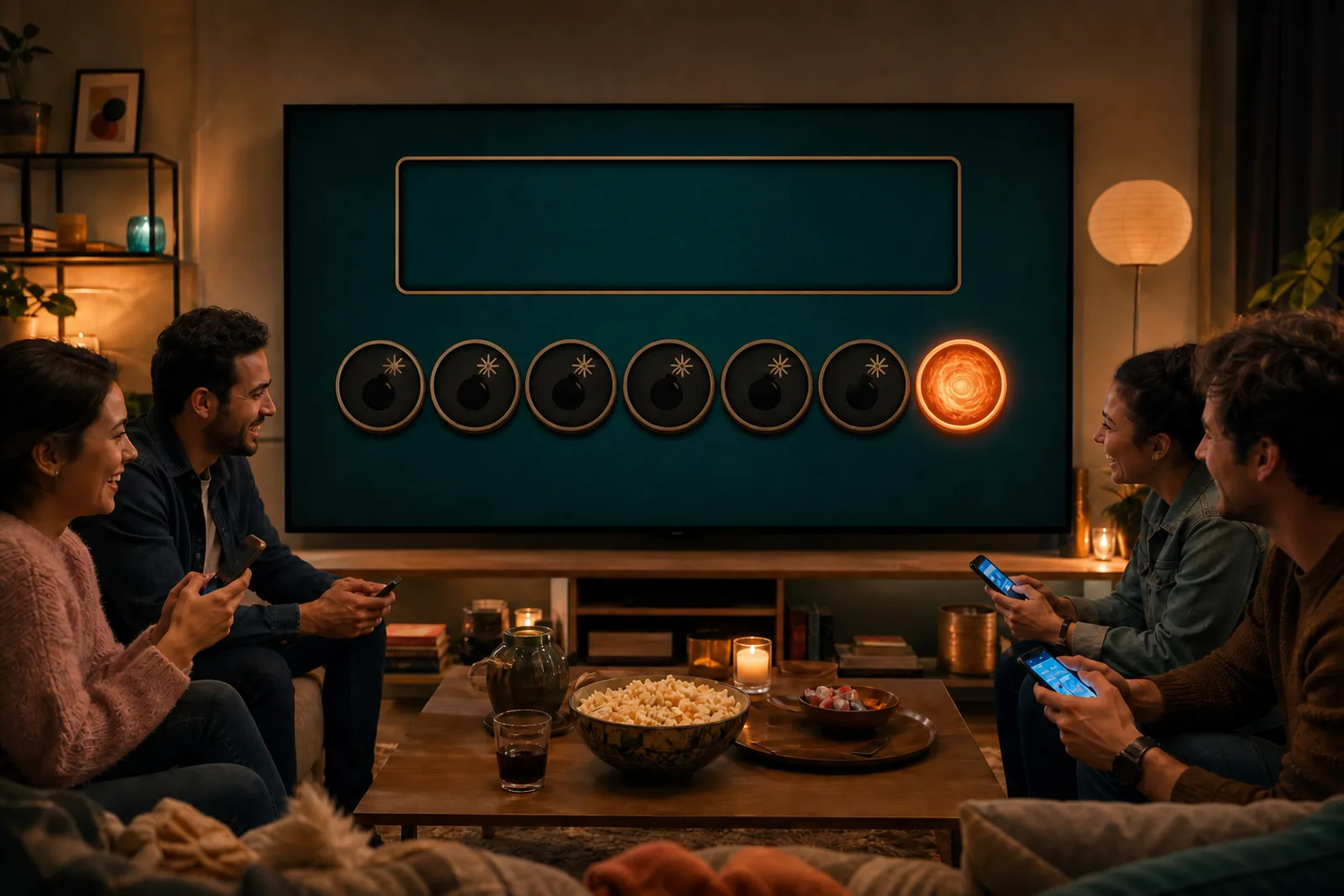 Amigos jugando a Short Fuse en una televisión que todos ven, cada uno con un móvil