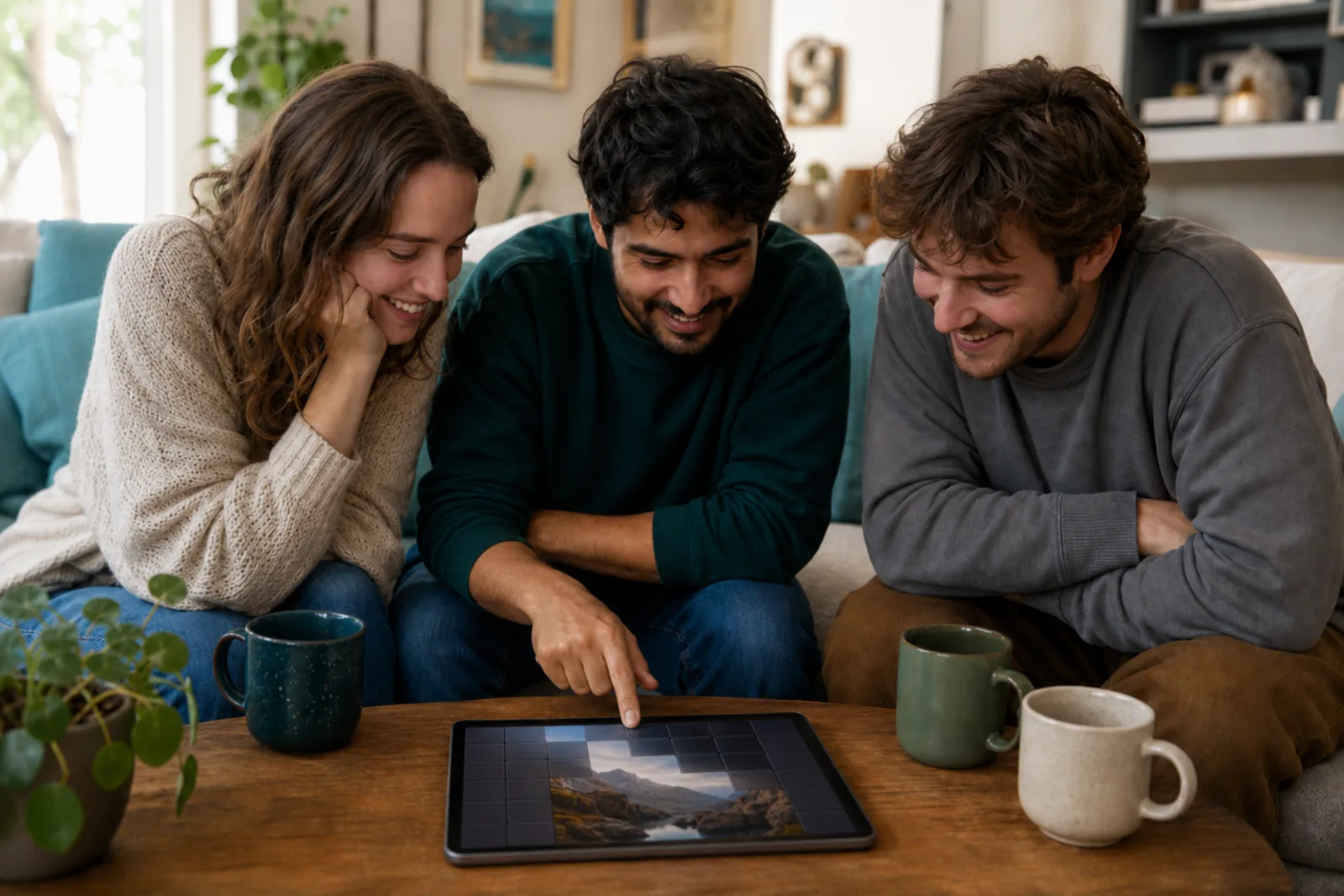 Amigos alrededor de una tableta jugando a Slow Reveal: Cosas de todos los días