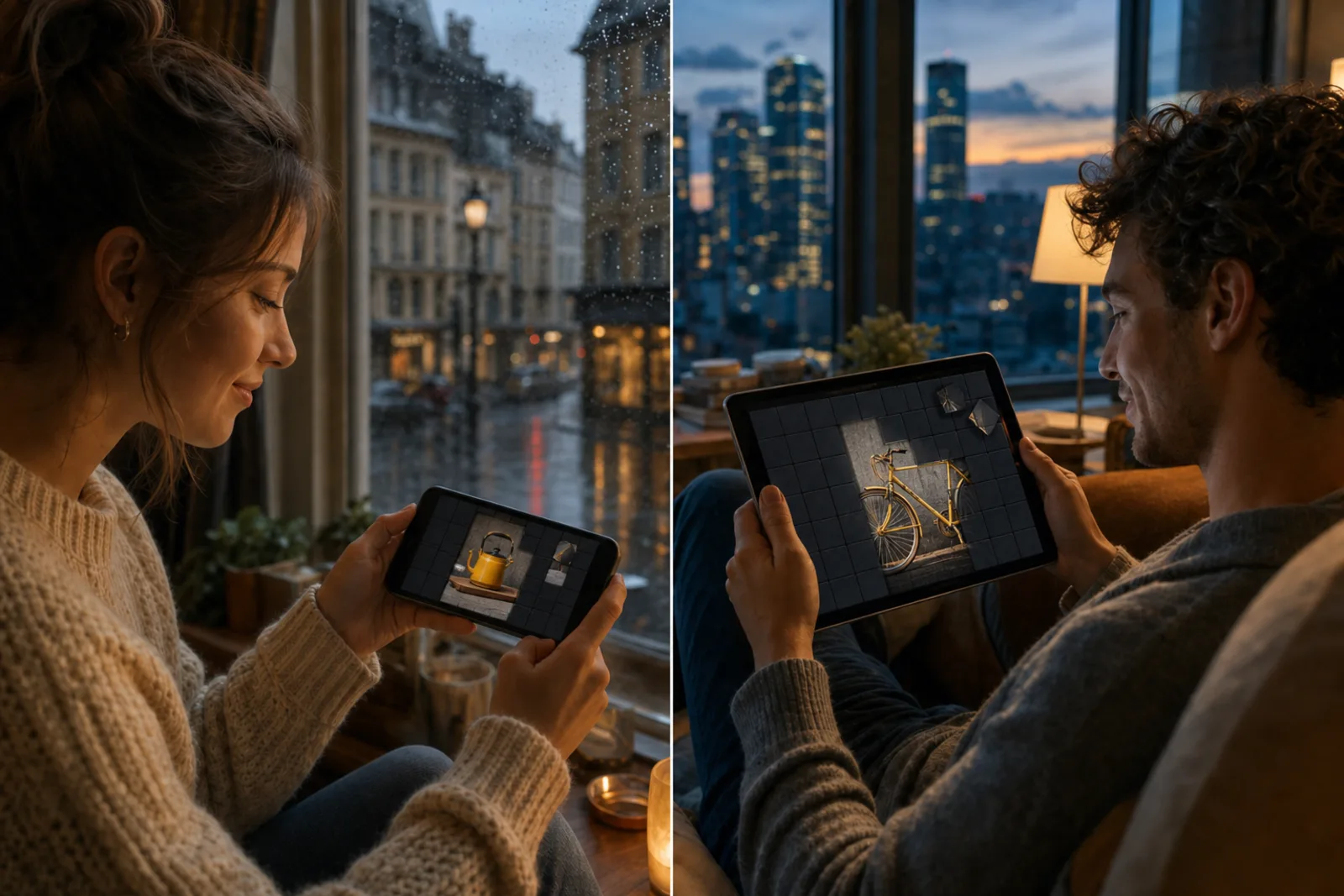Gente en distintas ciudades jugando a Slow Reveal: Cosas de todos los días con desconocidos, cada uno en su pantalla