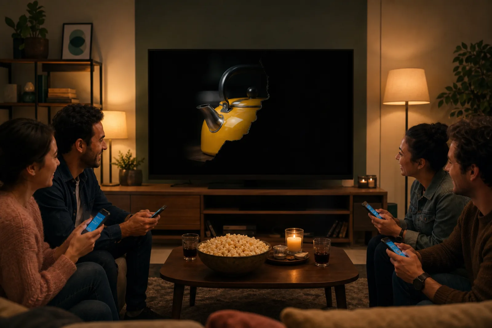 Amigos jugando a Slow Reveal: Cosas de todos los días en una televisión que todos ven, cada uno con un móvil