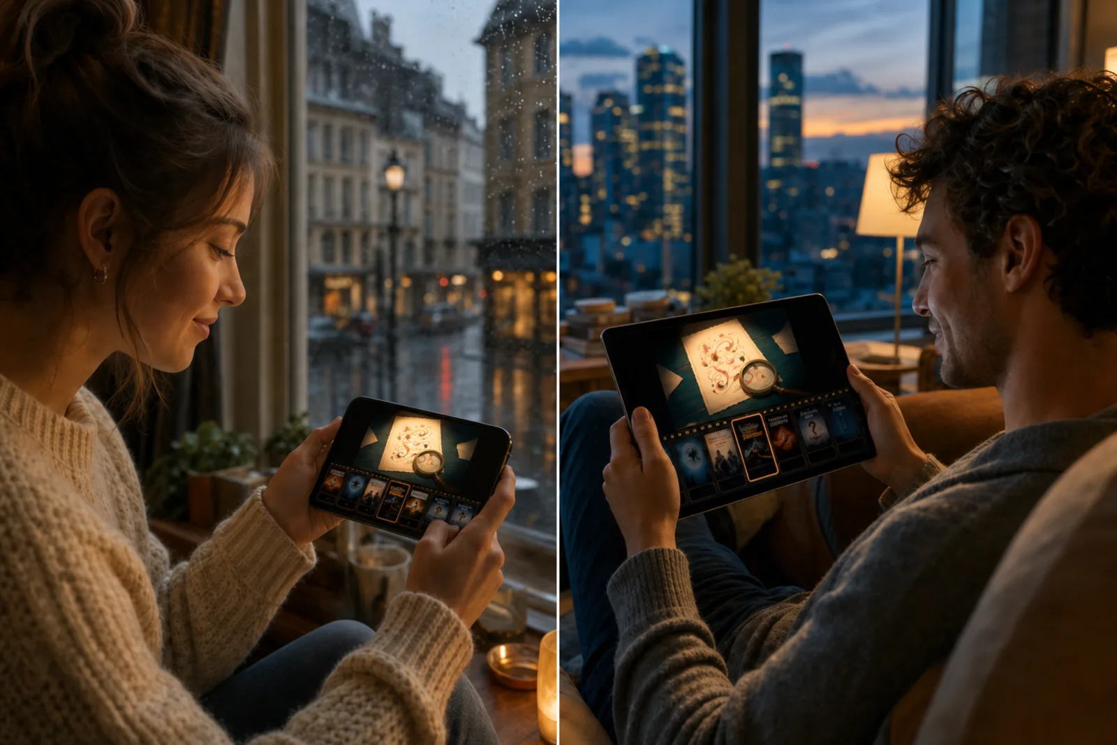 Gente en distintas ciudades jugando a So They Say con desconocidos, cada uno en su pantalla
