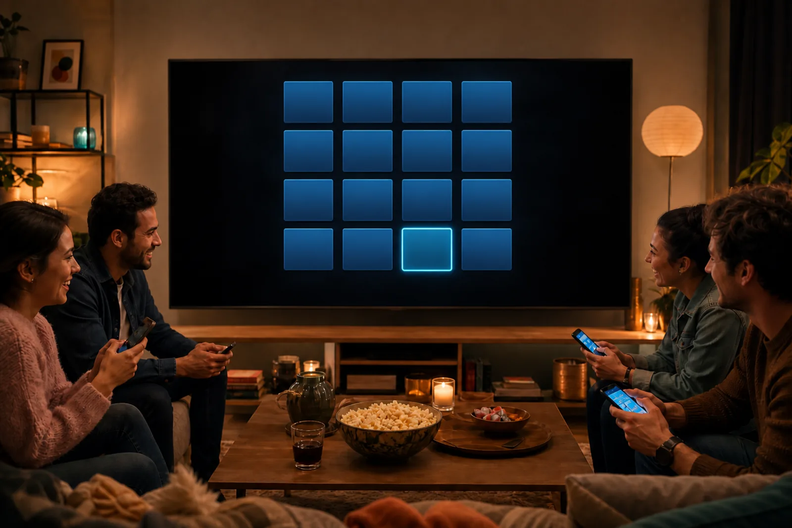 Amigos jugando a The Spy in the Room en una televisión que todos ven, cada uno con un móvil