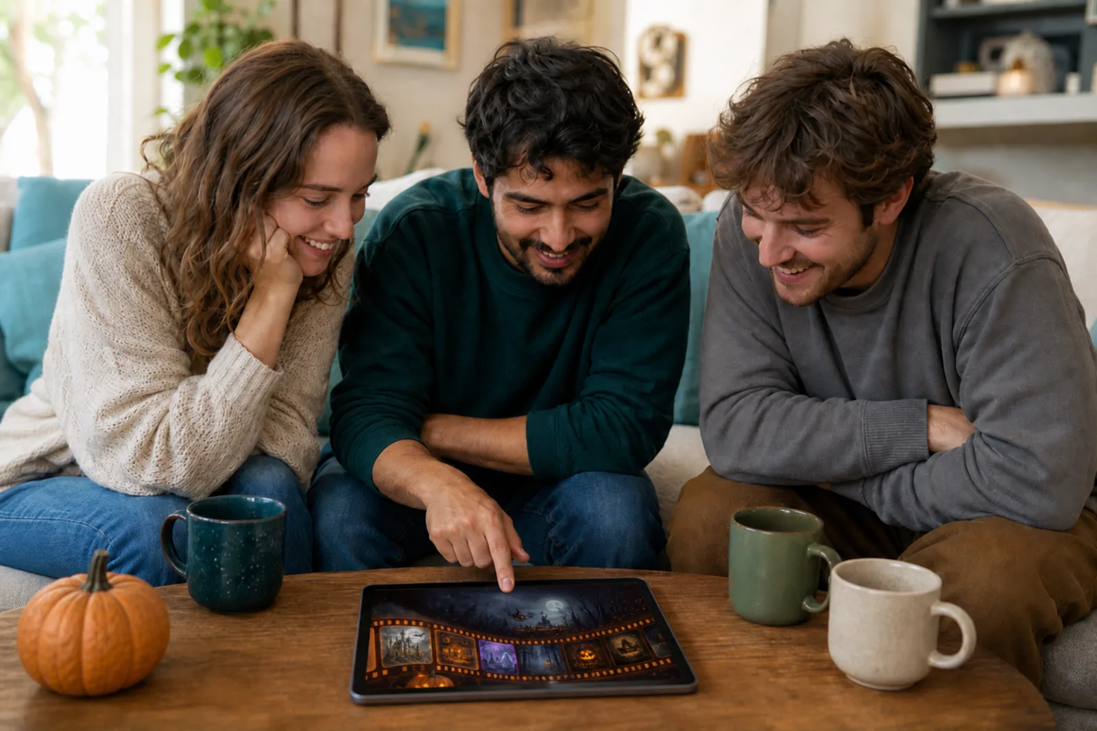 Amigos alrededor de una tableta jugando a Timeliner: Cine de Halloween