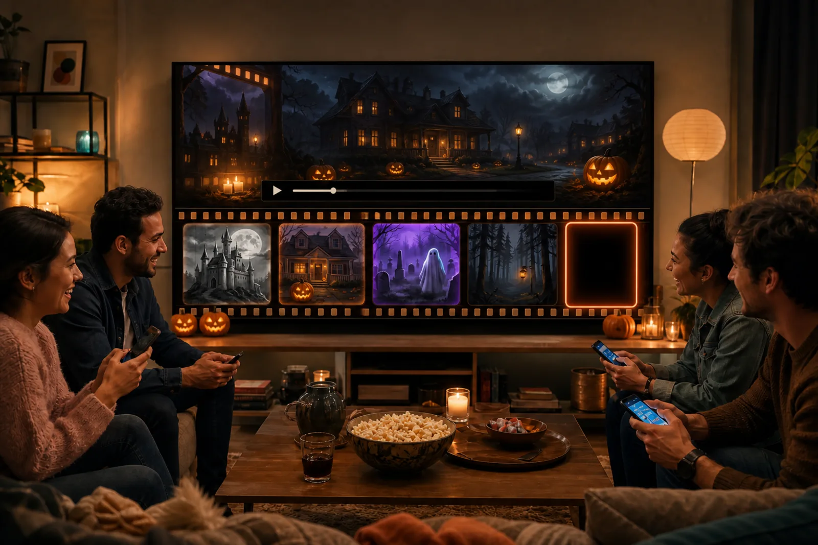 Amigos jugando a Timeliner: Cine de Halloween en una televisión que todos ven, cada uno con un móvil