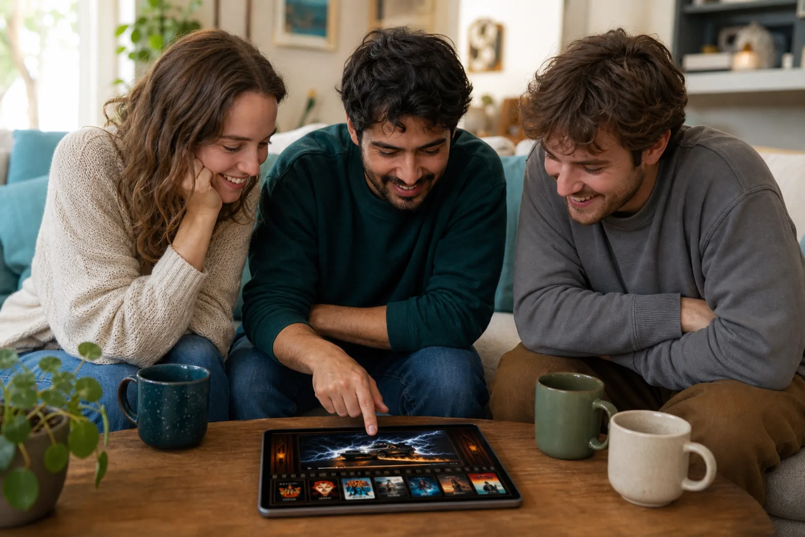Amigos alrededor de una tableta jugando a Timeliner: Cine