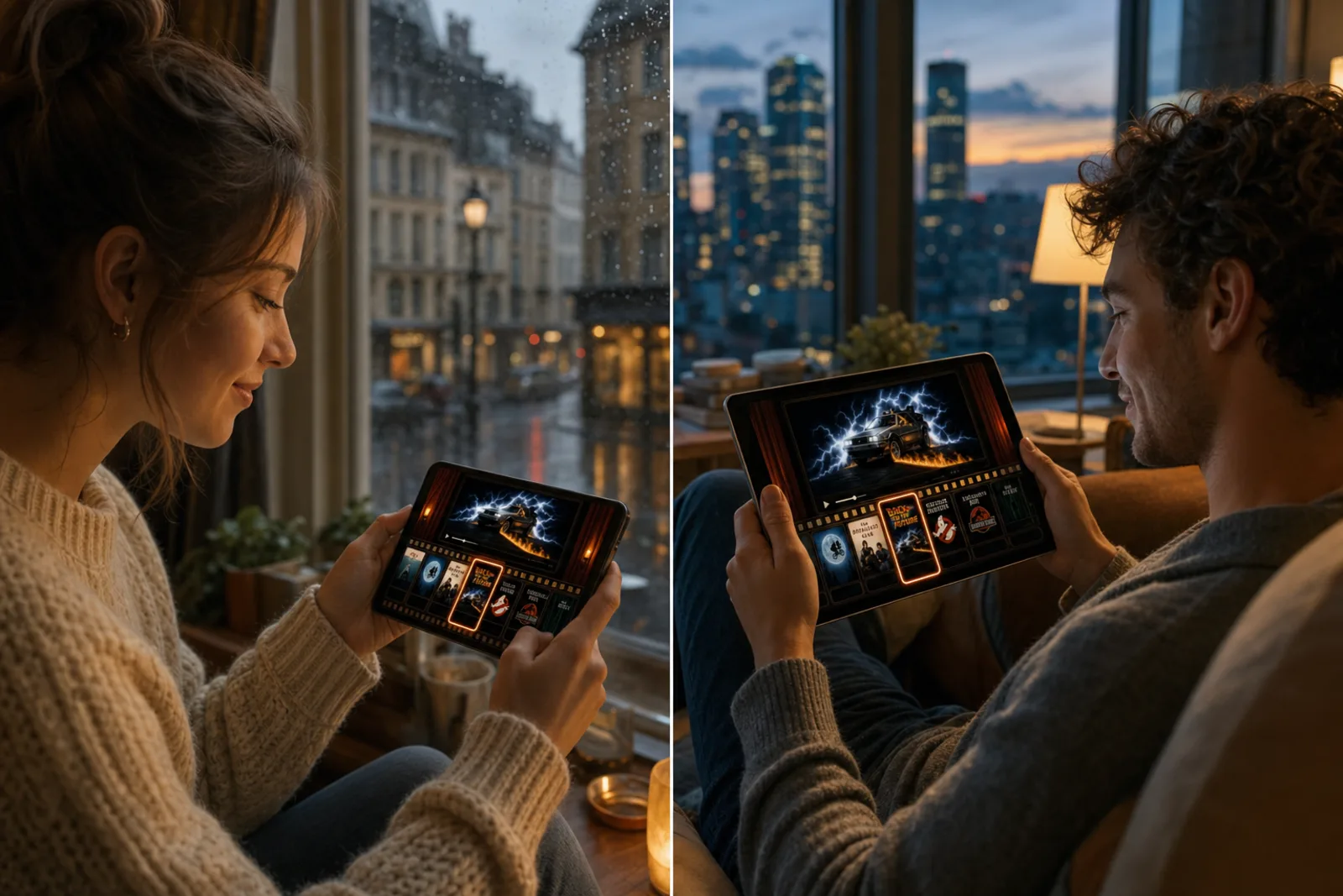 Gente en distintas ciudades jugando a Timeliner: Cine con desconocidos, cada uno en su pantalla