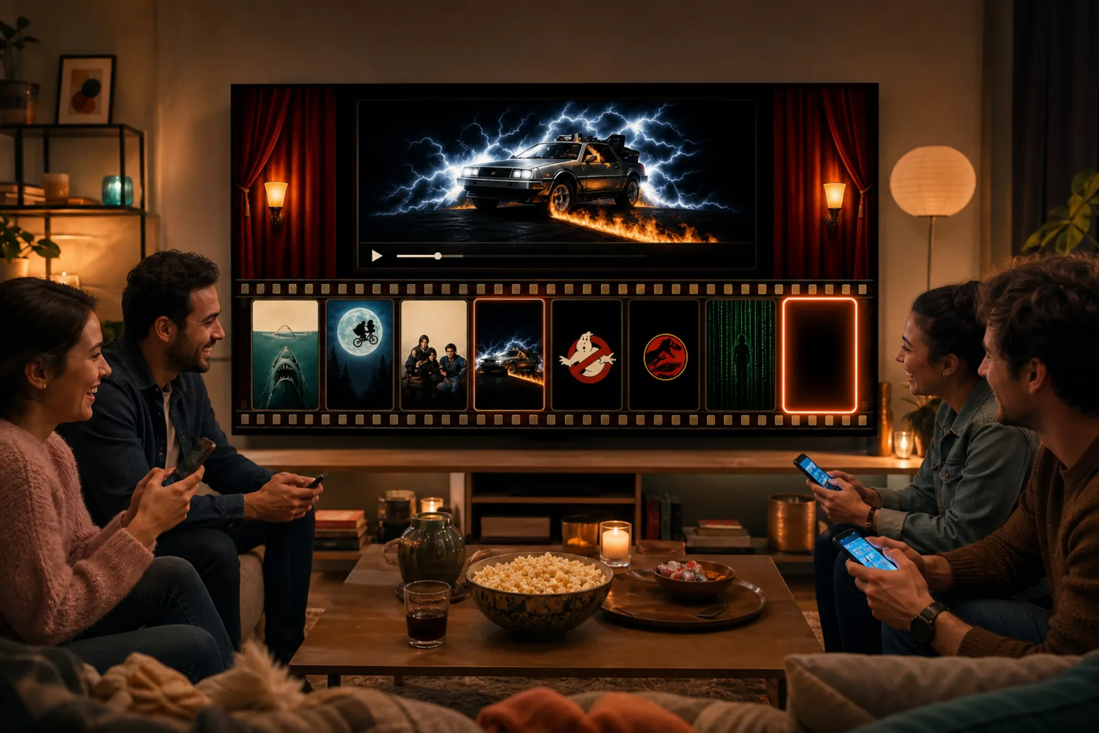 Amigos jugando a Timeliner: Cine en una televisión que todos ven, cada uno con un móvil